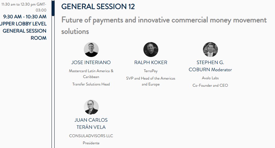 Programa de la Sesión General 12, “Future of payments and innovative commercial money movement solutions”, con Juan Carlos Terán Vela entre los oradores