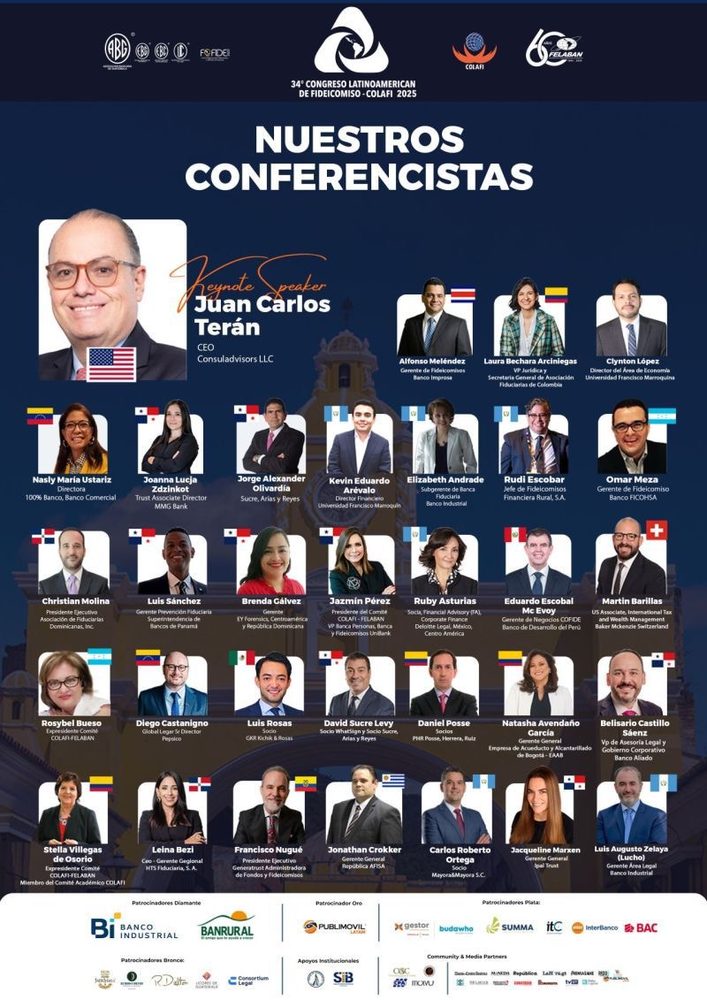 Cartel “Nuestros conferencistas” del 34º Congreso Latinoamericano de Fideicomiso COLAFI 2025, con Juan Carlos Terán como Keynote Speaker