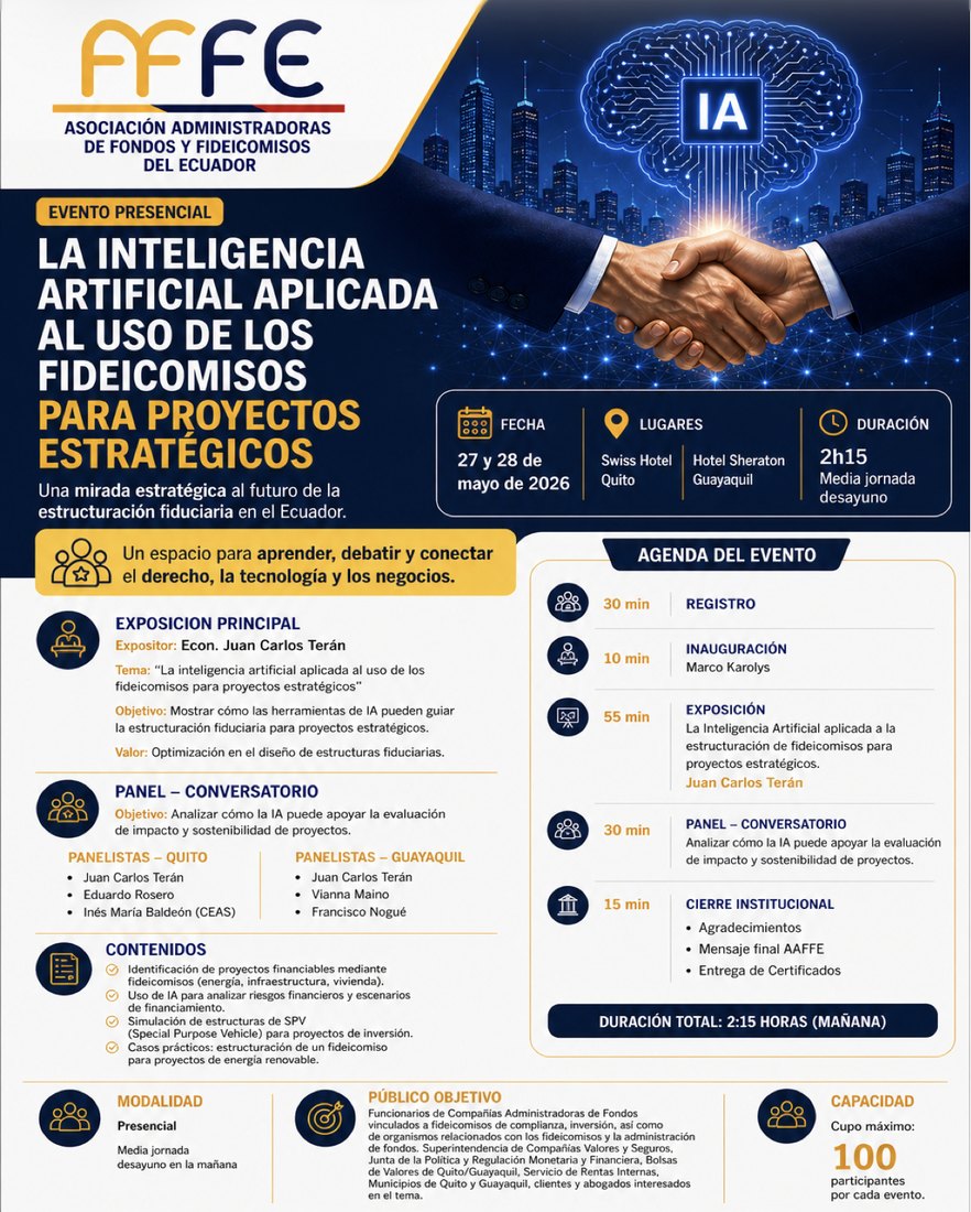 Afiche del evento “La inteligencia artificial aplicada al uso de los fideicomisos para proyectos estratégicos”, de la Asociación de Administradoras de Fondos y Fideicomisos del Ecuador, 27 y 28 de mayo de 2026